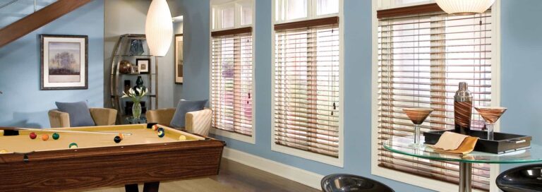 Red-Oak-Finish-2-Corded-Wood-Blinds-in-Game-Room-meridian-idaho
