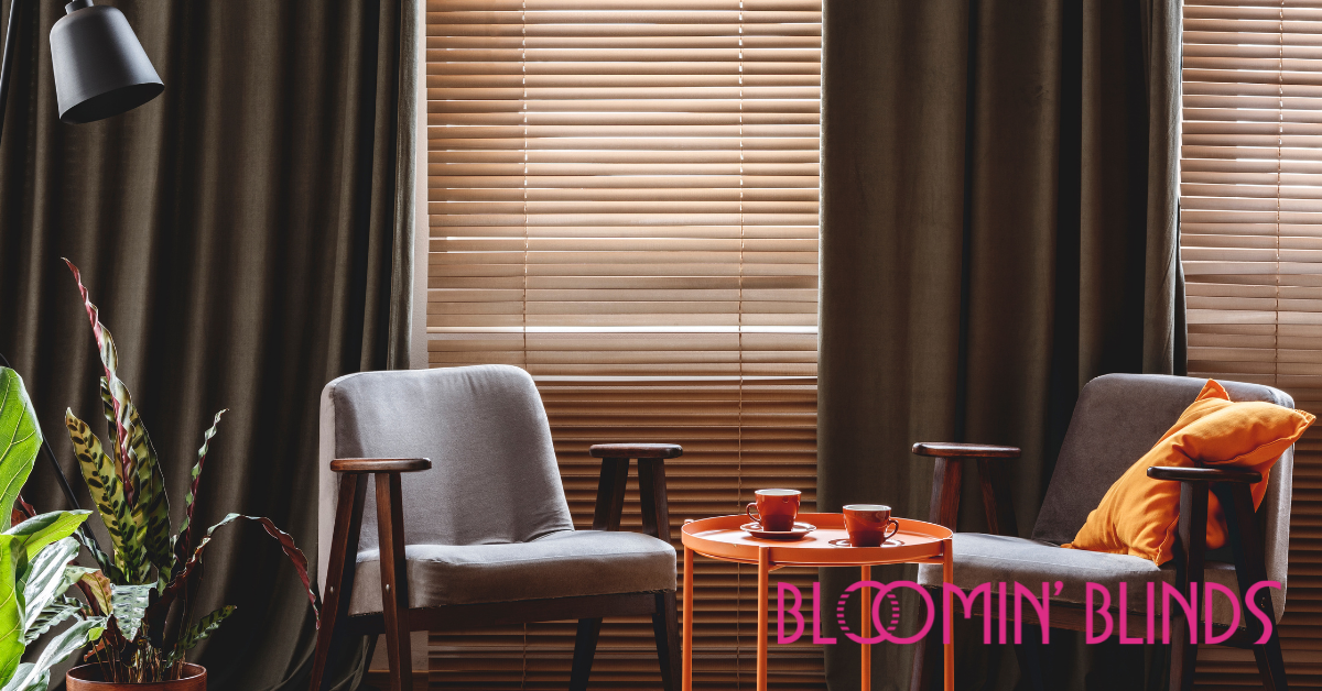 Office with wooden blinds on windows