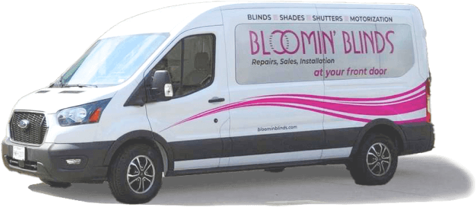 Bloomin’ Blinds service van with pink branding and logo, offering blinds, shades, shutters, and motorization. Mobile installation and repair at your front door.