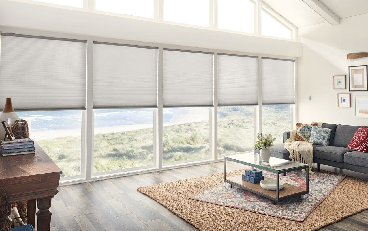 Large living room with vertical shades