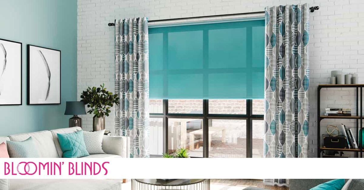 bright room with blue cordless blinds on window