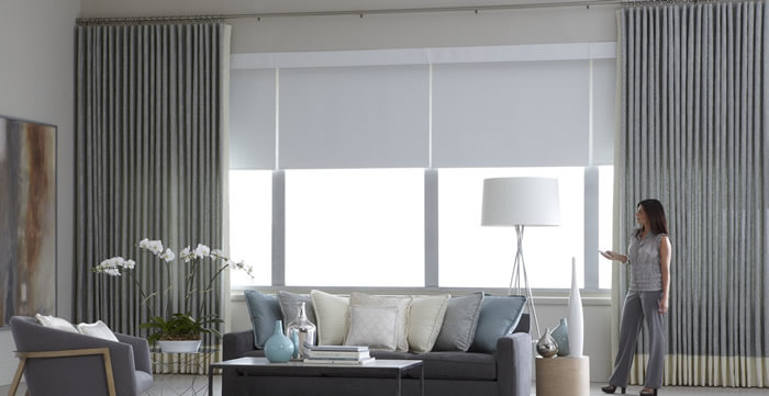 motorized shades in white living room