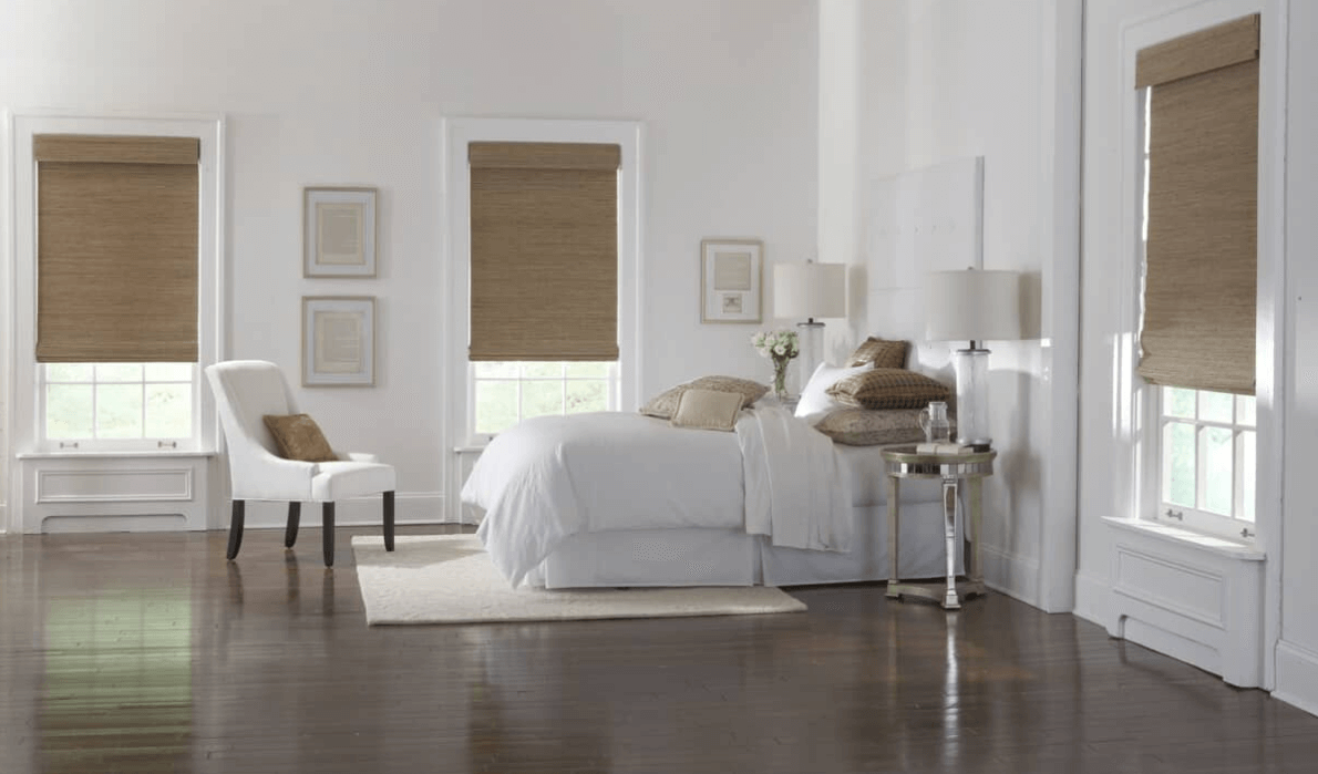 White bedroom beige roller shades